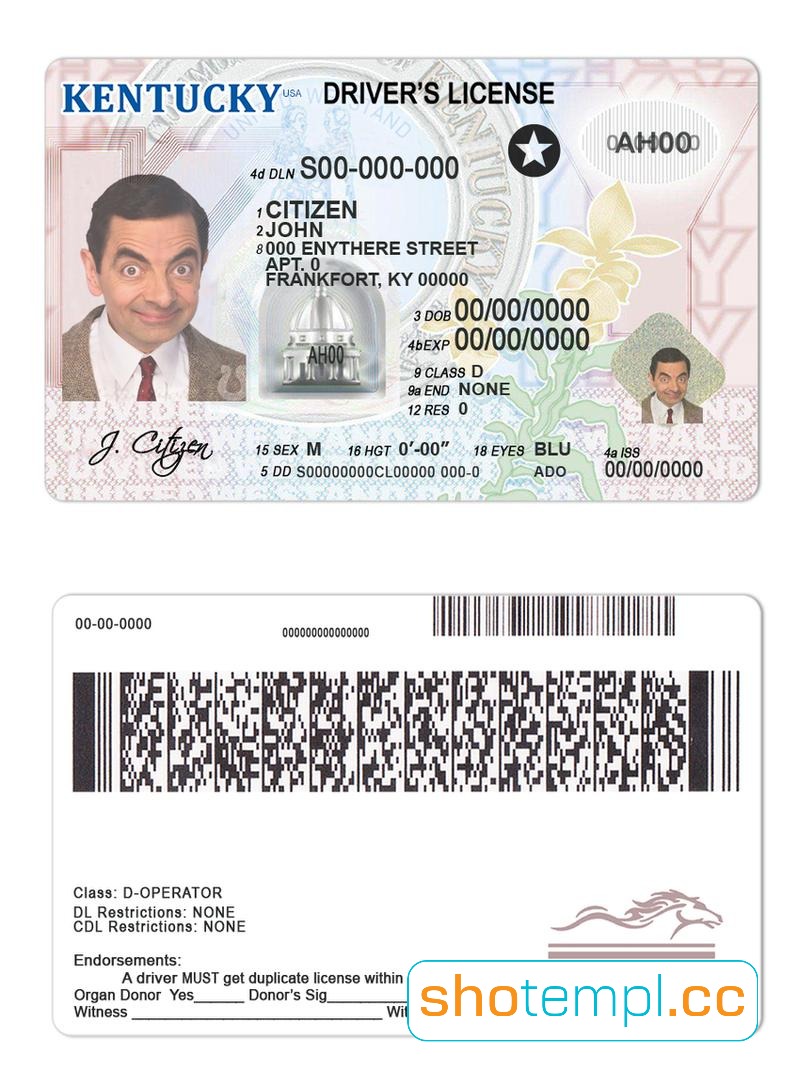 Kentucky Driver License PSD Template